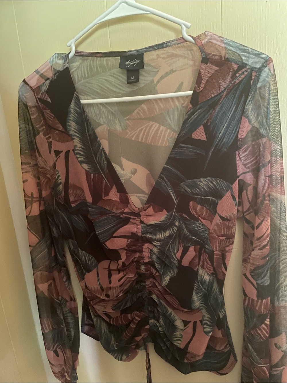Daytrip Pink and Black Sheer Ruched V-Neck Long Sleeve Blouse